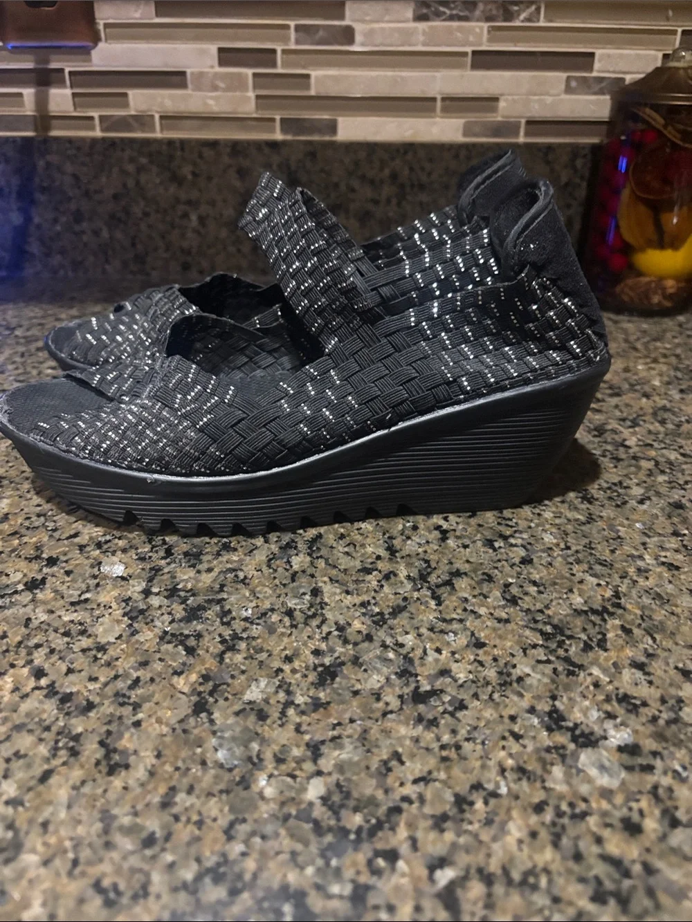 bernie mev. Black & Silver Woven Wedge Sandals